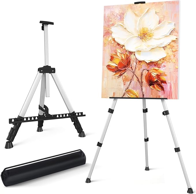 Art Painting Easel Stand, Adjustable Display Tripod Artist Floor Sign Easel | Portable 66 inches Aluminum Metal Silver Stand with 1 Bag for Table-top/Floor Drawing, Sturdy for Canvases Displaying