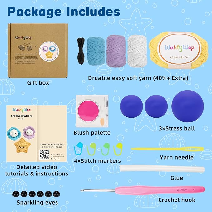 WaldyWop Crochet Kit for Beginners: 3Pcs Ocean Friends Wobbles Crochet Animal Kit for Starter Adults - Dly StressRelief Ball w/ 40% Extra Yarn, Easy Video & Instructions - Christmas Gift for Women