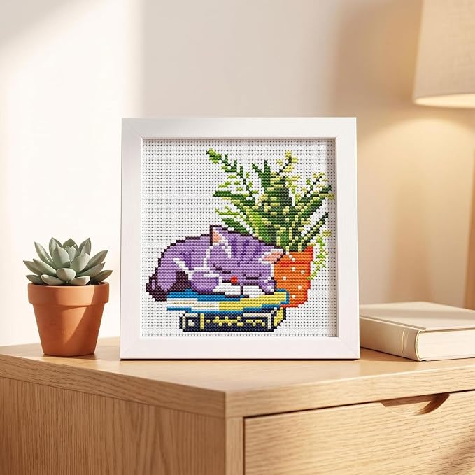 Sleepy Cat Greenery Stamped Cross Stitch Kits for Beginners with Framed | Potted Plant Needlepoint Counted Cross Stitch Kits for Adults with Framed Embroidery Kits Arts and Crafts 6 x 6 inch