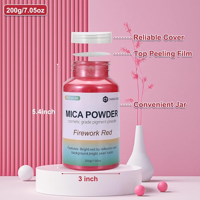 Mica Powder,7.05OZ（200g）,Firework Red Mica Powder Pigment for Epoxy Resin，Lip Gloss，Paint，Dye，Soap Making，Nail Polish,Candle Making,Bath Bombs(Firework Red)
