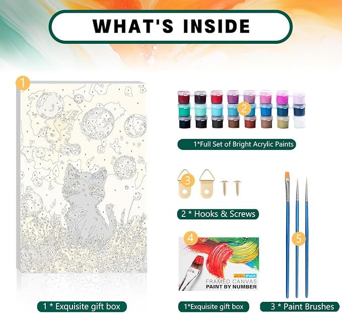 Framed Paint by Numbers Kit for Adults Beginner & Kids Ages 8-12, Black Cat Paint by Numbers with frame, without Easel, DIY Acrylic Number Painting for Adults Animal for Home Decor Gift 8 x 12 Inch