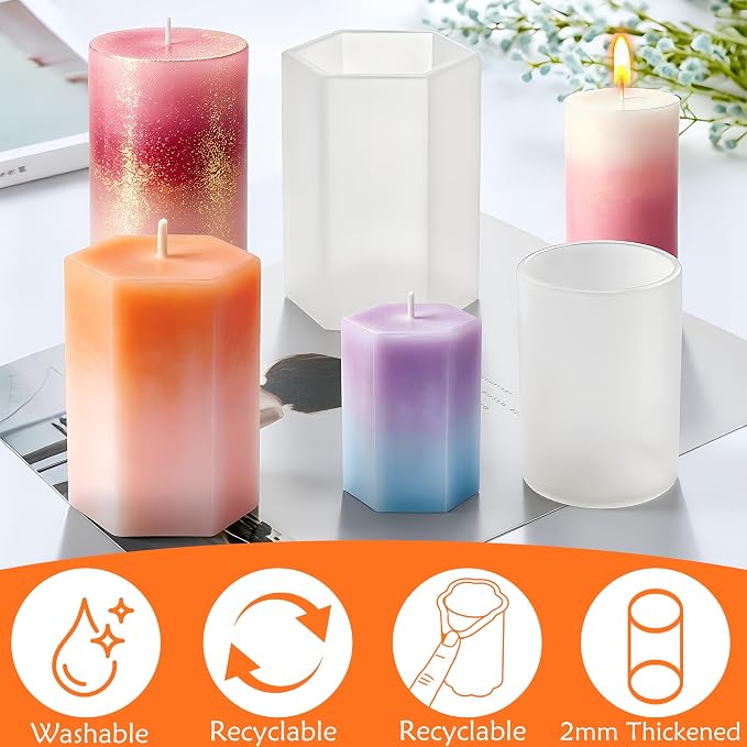 6PCS Reusable Silicone Candle Molds Set - Cylinder & Hexagon Resin Mold for DIY Candle Making, Soap, Resin Crafts, Easy Release Candle Making Kit