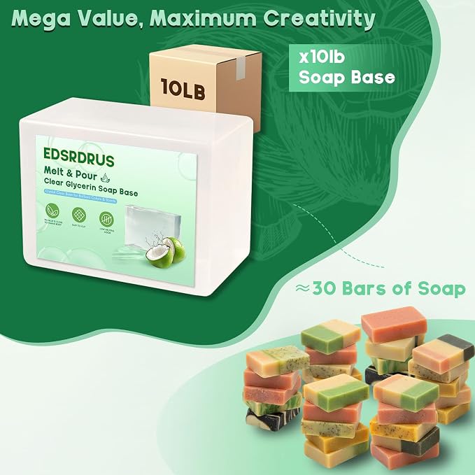 EDSRDRUS 10lb Unscented Melt and Pour Soap Base, Fragrance-Free Glycerin Soap Making Supplies for DIY Crafting – Smooth Melt, Rich Lather, Moisturizing (Transparent, 10 Pound)