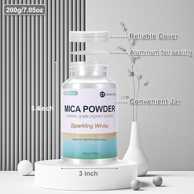 Mica Powder,7.05OZ（200g）,Sparkling White Mica Powder Pigment for Epoxy Resin，Lip Gloss，Car Paint，Dye，Soap Making，Nail Polish,Epoxy Resin,Candle Making,Bath Bombs