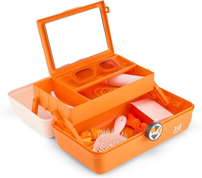 Caboodles School Spirit On-The-Go Girl Makeup Box, White Over Orange, Hard Plastic Makeup Organizer Box, Built-In Mirror, Secure Latch for Safe Travel, Spacious Storage for Large Items