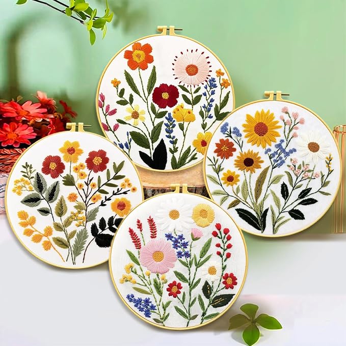 Zhenqing 4-Piece Floral Embroidery Kit for Beginners - Complete Set with Sunflower, Daisy Designs & Pre-Printed 29x29cm Cotton Fabric, Hoop, Threads & Tools(C0166)