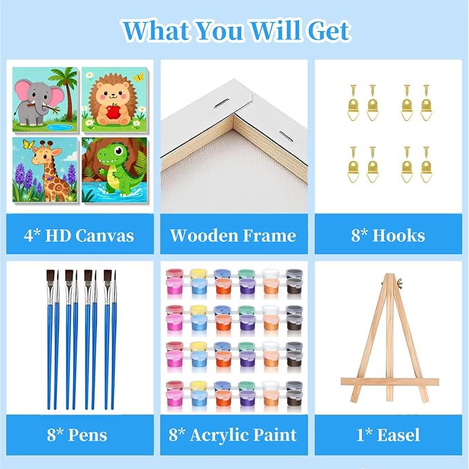 Arttoplus 4 Pack Paint by Numbers Kit for Kids with Frame Animals 8x8in | Animals Kids Paint by Numbers Ages 4-8-12 with Wooden Easel,Easy Cute DIY Acrylic Oil Painting by Number for Gift Home Decor