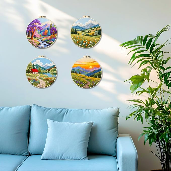 BEUNITONE 4 Set Fairy Tale Landscape Embroidery Kit for Beginners 7.9"x7.9" Pre-Stamped Pattern Needlepoint Kits with Hoop, Tools & Instruction, Handamde Embroidery Kits for Fabric and Home Decor