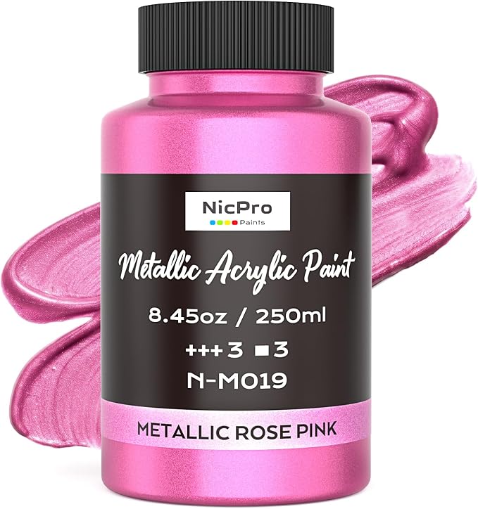 Nicpro Metallic Pink Acrylic Paint, 8.45oz/250ml Pearlescent Rose Shimmer | Large, Non Toxic, Non Fading Craft Paints for Metal, Wood, Clay, Fabric, Canvas, Ceramic, Furniture, Handcrafts