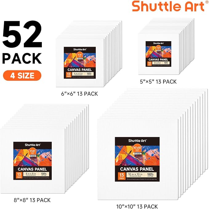 Shuttle Art 52 Pack Canvas for Painting, Multi-Size 5x5/6x6/8x8/10x10 Inch Blank Canvas Boards for Painting, 100% Cotton Primed White Art Canvas, Ideal Art Supplies for Kids Adults Acrylic OilPainting