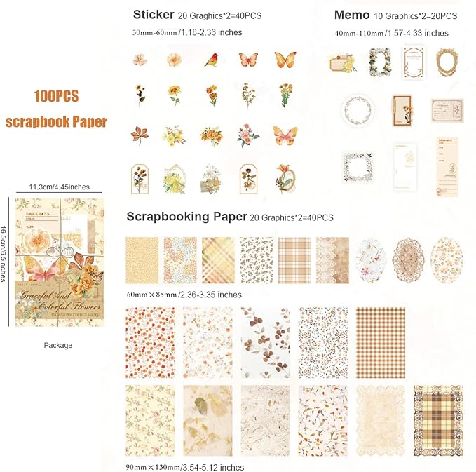 Doraking 100pcs Vintage Floral Scrapbook Paper Journaling Stickers Assorted Set, Material Paper Memo Junk Journal Supplies for Bullet Journaling Retro Crafts Planner Collage Card Album