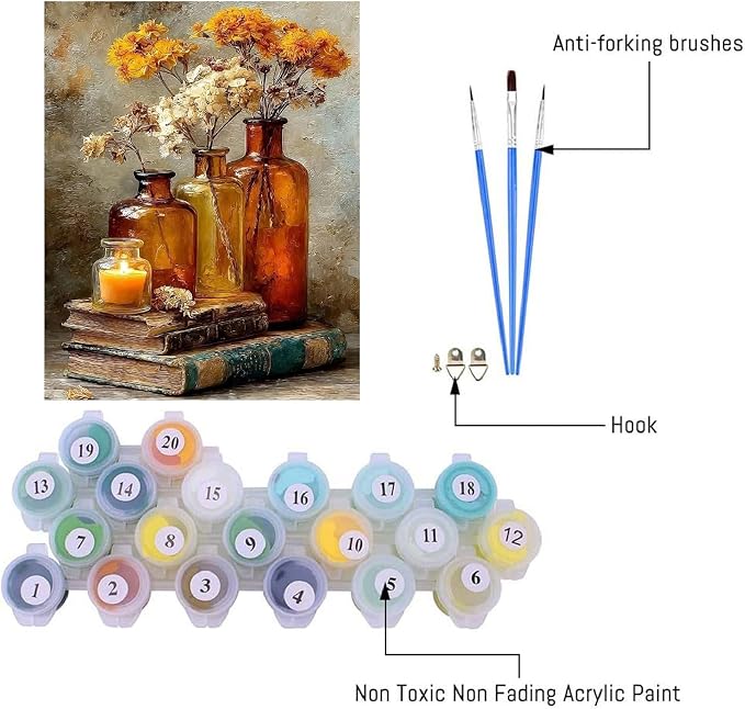 pchmcu Vintage Flower Book Paint by Number for Adults,Flowers in Vase Painting by Numbers,DIY Acrylic for Beginners Unframed,Easy Paint by Numbers Adults on Canvas for Decor 16x20inch