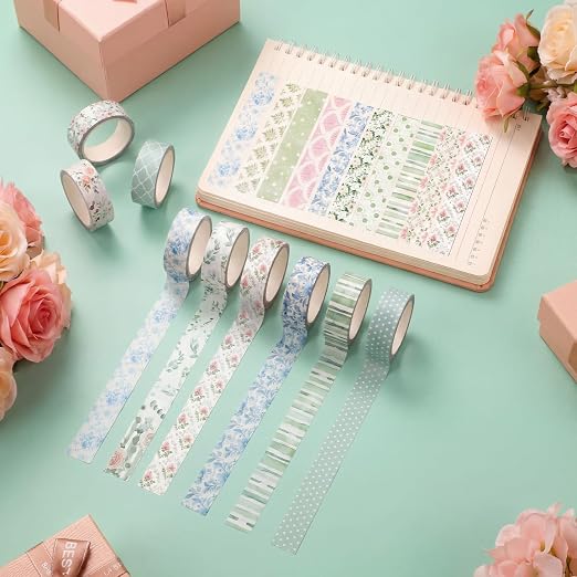 12 Rolls Floral Washi Tape Set,Pink and Green,Spring | Watercolor Flowers Design for Scrapbook Journal DIY Craft School Supplies, 15 mm Vintage Decorative Masking Washi Tapes