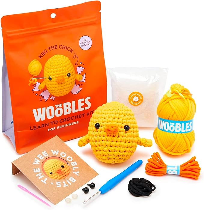 The Woobles Crochet Kit for Beginners (Kiki the Chick) | As seen on Shark Tank, Kit includes: Easy Peasy Yarn, pre-started piece, hook, safety eyes, stuffing, video tutorials