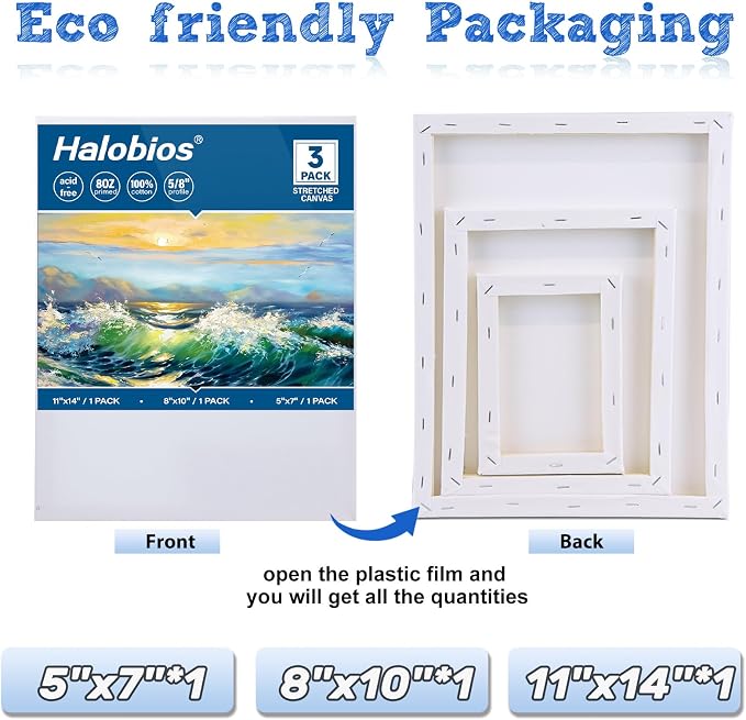 Halobios Stretched Canvases for Painting with 11x14 Inch, 5x7 Inch, 8x10, Painting Canvas for Acrylics,Oils & Other Painting Media, 5/8 Inch Profile 100% Cotton Artist Framed Canvas(3 Packs)