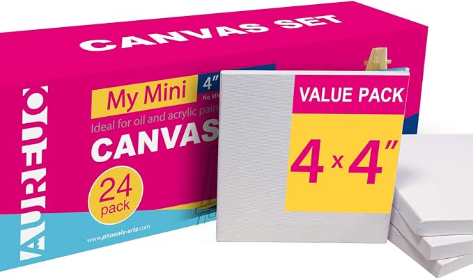AUREUO Mini Stretched Canvas - 4x4 Inch/24 Pack - 2/6 Inch Profile Tiny Square Canvas Boards for Painting - Art Gift Set Bulk Pack Canvases for Acrylic Halloween Painting & Craft