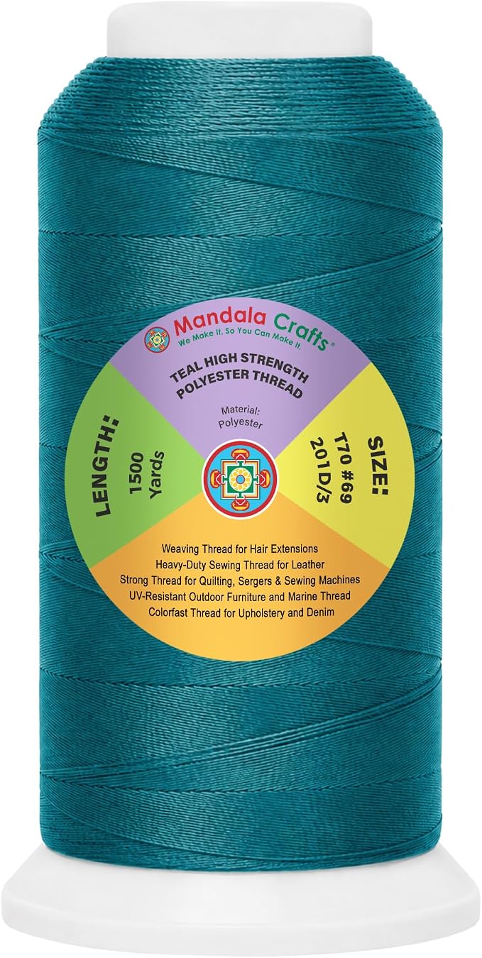 Mandala Crafts Teal Tex 70 Polyester Heavy Duty Thread for Upholstery | 1500 Yds T70 UV Resistant Strong Thread for Leather Sewing, Marine, Drapery, Jeans, Hair Weaving & Extension, Outdoor