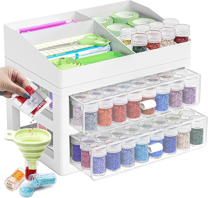 ARTDOT Storage Containers for Diamond Painting Accessories, 2 Drawers with 96 Slots Bead Storage Bottles and Diamond Art Accessories and Tools Rack