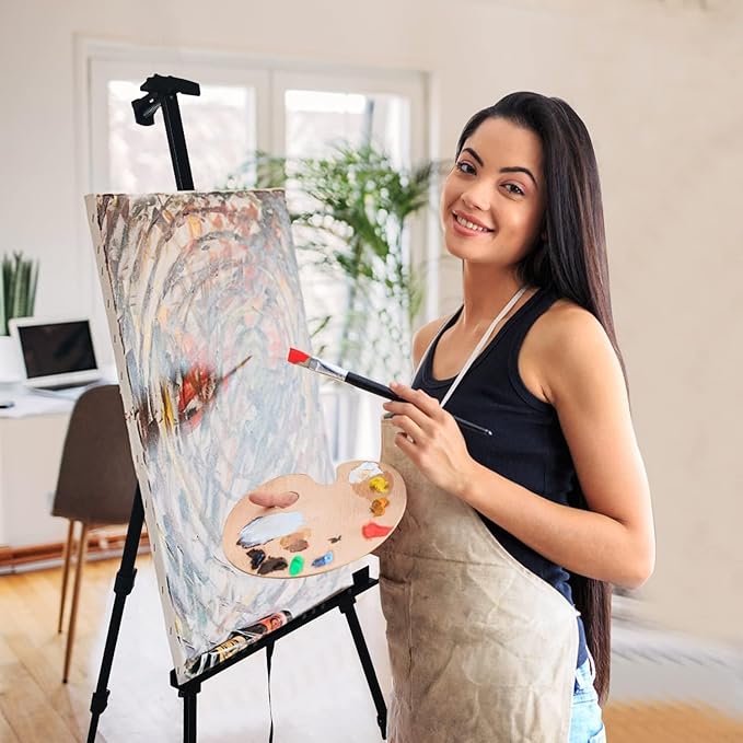 RRFTOK Art Easel Stand, 17-66 in Adjustable Metal Tripod with Bag | Dual-layer supports canvas or signs at two heights; adjusts up to 72 in with spring clip and reinforced chain for stability.