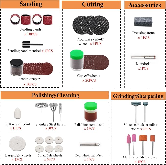 105PCS Rotary Tool Accessory Kit with Sanding Drum, 1/8-inch Shank Universal Fit for Most Rotary Tools, for Sanding, Polishing, Cutting, Grinding, Cleaning, Engraving, Drilling