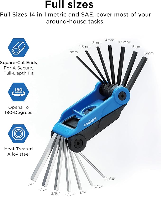 Kraftek toolant 14PCS Folding Allen Wrenches Sets, Metric Allen Key Set 2mm- 6mm, SAE Hex Key Set 5/64”- 1/4", CRV Steel EDC Tool for Bike Repair & Home,Compact Foldable Hex Key Set