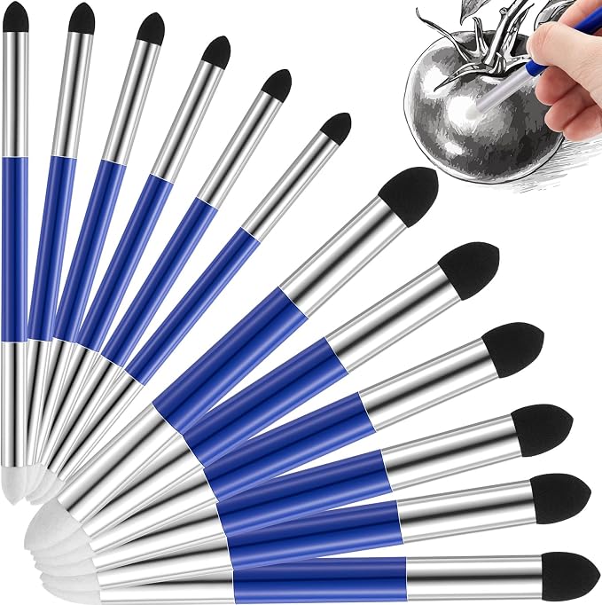 Kosiz 12 Pcs Blending Sponge Pen Rub and Buff Double Headed, Blue | Washable Sponge Tips, Art Drawing Shading and Highlight Tools, Smooth Color Blending, Reusable Blending Tools for Oil Pastels