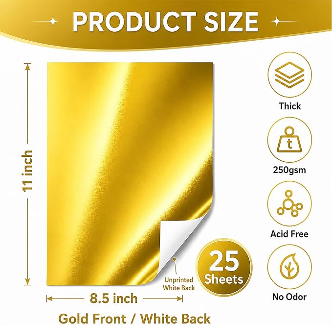 25 Sheets Bright Gold Mirror Cardstock Paper 8.5 x 11 Metallic Shimmer Sheets 250gsm/92lb Heavyweight Scrapbook Paper for Certificates, Invitations, Greeting Cards, Crafts, Graduations
