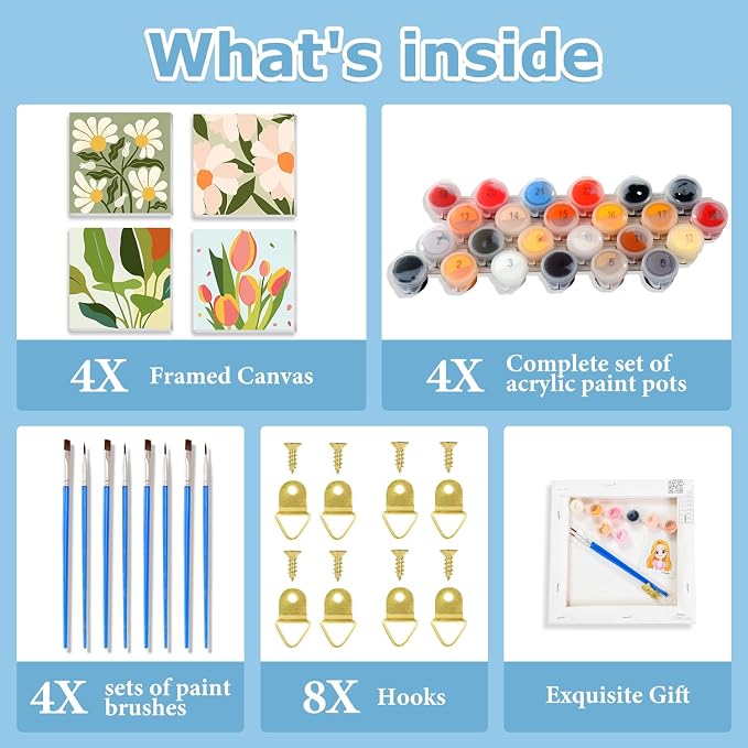 Flowers Paint by Numbers Kit for Adults, Adult Paint by Numbers Kits 8x8 in