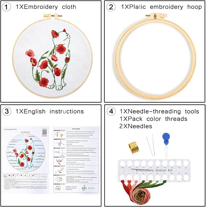 Crafmanoe Cat Embroidery Kits for Beginners Adults, Flowers Embroidery Starter Kits, Counted Cross Stitch Kits for Beginners Adults Hobbies Set for Women, Embroidery Hoops, Thread and Video Tutorial