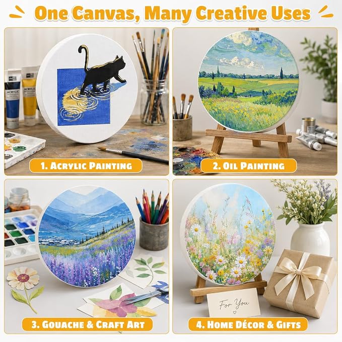 10 Pack Stretched Canvas for Painting, 12 Inch Round Canvas Panel, Circle White Art Canvas Panels, Cotton Primed Paint Blank Canvas for Oil, Acrylic, Gouache, Crafts