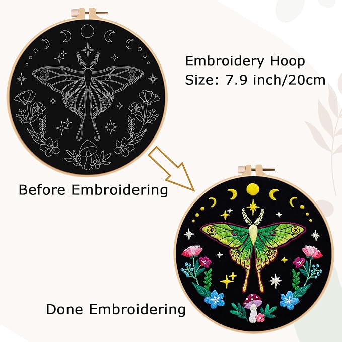 Nuberlic Moth Embroidery Kits for Beginners,Cross Stitch Kits | Embroidery Starter Needlepoint Including Cloth with Pattern, Hoop, Needles Instruction and Threads,Gifts and Home Decor
