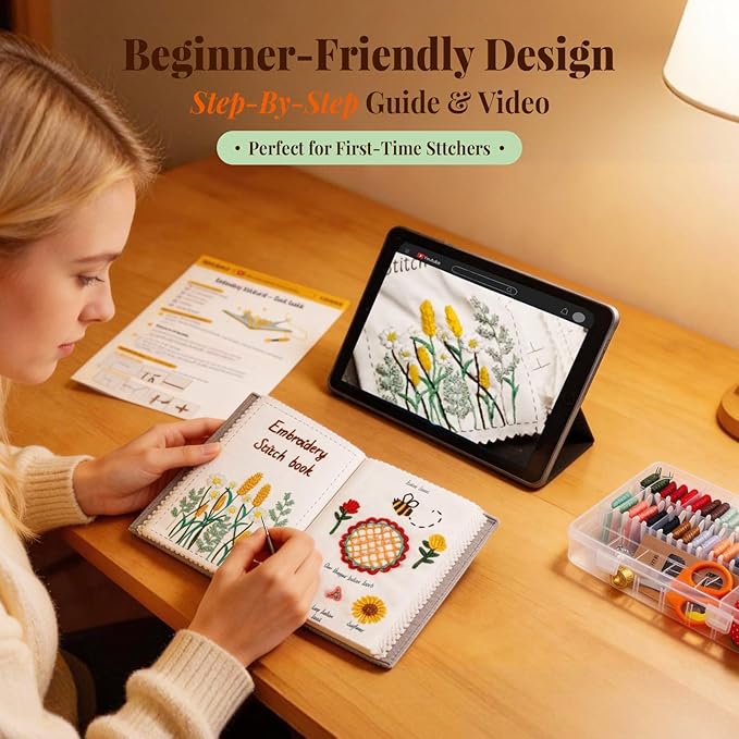 CYANFOUR 2026 New Embroidery Stitch Book Kit for Adults Beginners | Step-by-Step Guide and Video, Includes Multiple Accessories, Gift for Craft Lovers
