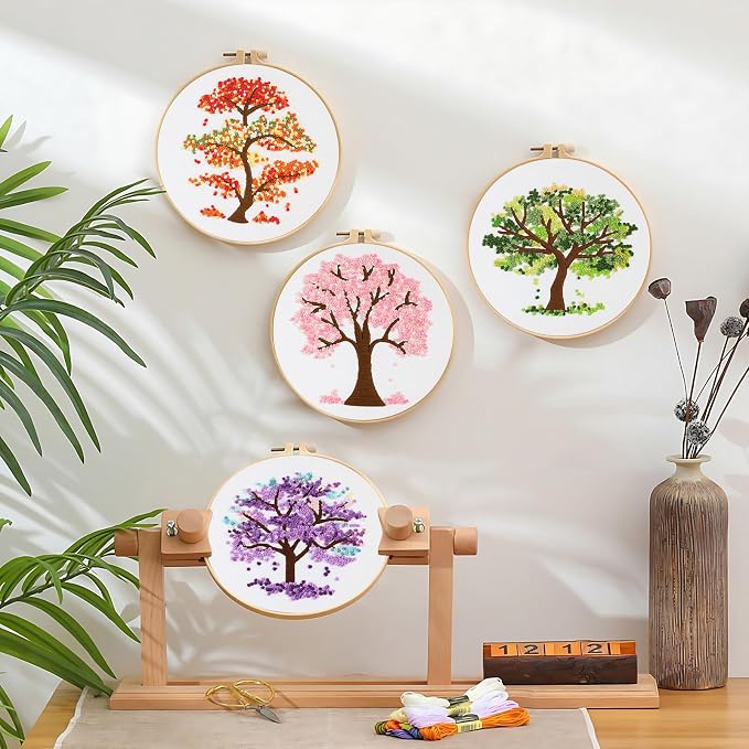 Sivilife Embroidery Starter Kit for Beginners, 4 Sets Stamped Cross Stitch Kits for Adult, Seasonal Tree Pattern Hand DIY Kits with 2 Embroidery Hoop Instructions Color Threads Needles and Scissor