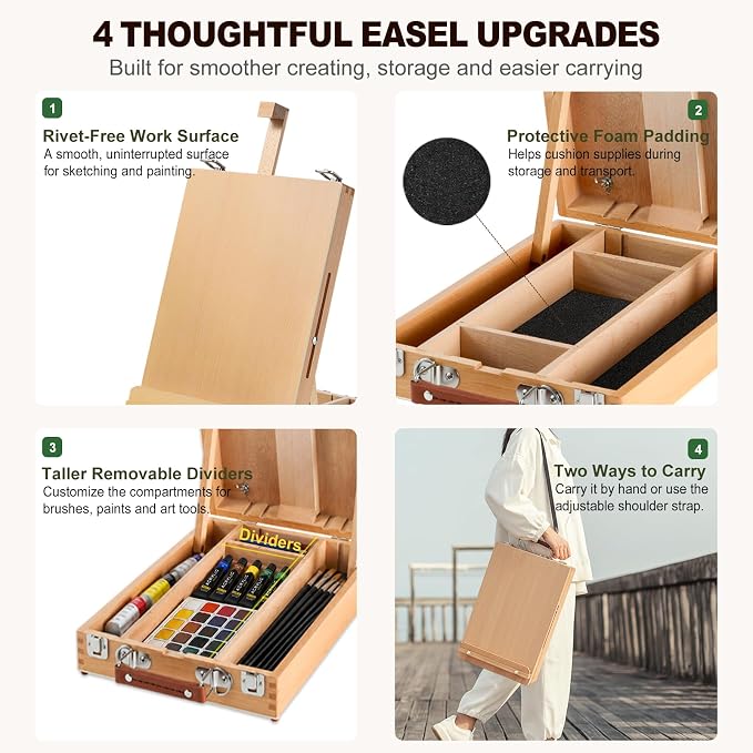 Beechwood Tabletop Easel for Painting, Portable Easel with Shoulder Strap | Upgraded Art Easel with Built-In Sketchbox Storage, Adjustable Angle, Desktop Drawing Easel for Sketching & Canvas Painting