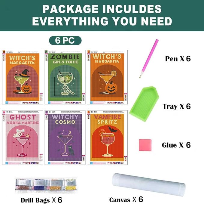 6 Pack Diamond Art Kits for Adults, Cocktail Diamond Painting Kits 12x16 in