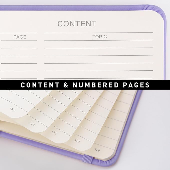 RETTACY Lined Journal Notebook, 192 Numbered Pages, A5 Size (5.7'' x 8.3'') | Leather Hardcover, 100 GSM Thick Paper, for Men & Women, Journaling, Writing, Work & Office (Purple)