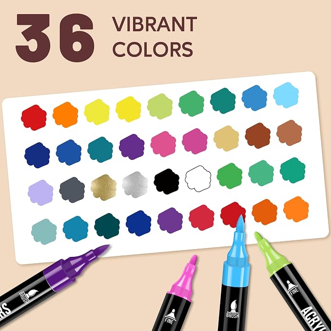 Pagather Acrylic Paint Markers, 36 Colors Dual Tip Fine & Brush Pens Set | For Rocks, Fabric, Wood, Glass & More, Perfect for DIY Crafts and Creative Art Projects with Bright, Smooth and Quick-Dry Ink
