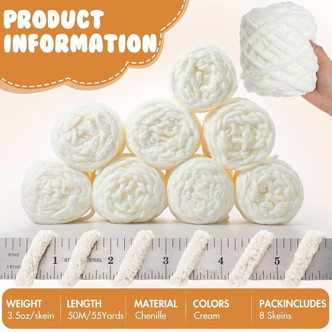 Buryeah 8 Pack Chunky Chenille Yarn for Crocheting, Cream
