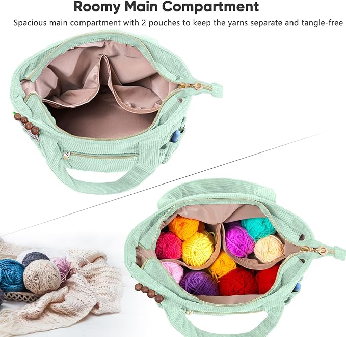 MYBAGZING Corduroy Crochet Bag 11.5" Large Yarn Storage Tote with Grommets, Needle Holders – Knitting Bag Organizer for Crochet Hooks, Accessories, Tools & Projects –Gift for Knitters & Crafters