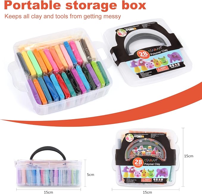 CiaraQ 28-Color Polymer Clay Oven Bake Modeling Kit | 5 sculpting tools, storage box, acc. pack, guide. Great for school, home, gifts, kids & artists.