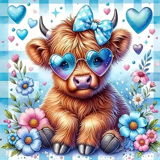 OJTOYART 5D Diamond Art Kits for Adults Beginners,Highland Cow DIY Full Round Drill Diamond Painting Kits, Animals Paint by Diamonds Dots Gem Art,Home Wall Decor 13.79 X 13.79 Inch