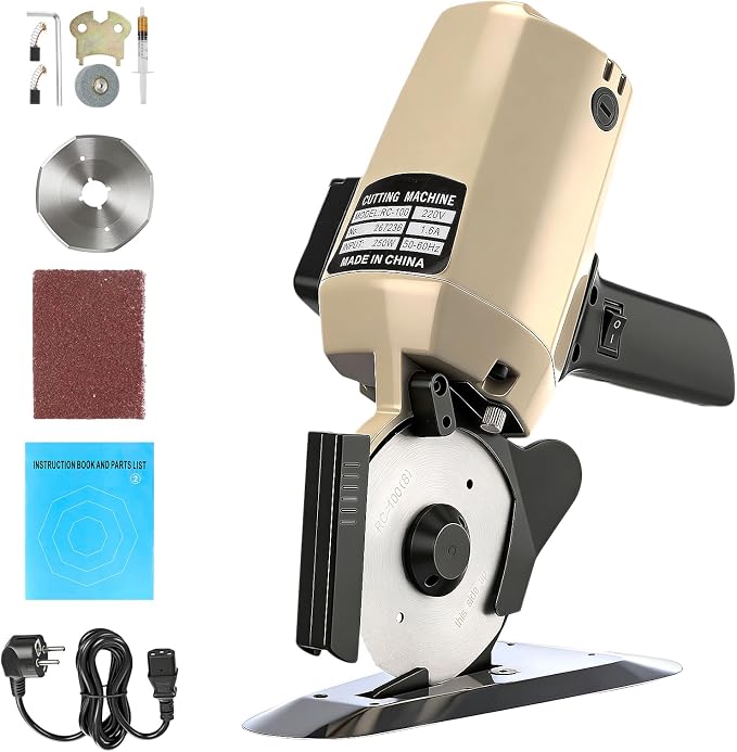 Fabric Cutter 110V Electric Cloth Cutting Machine with Extra 4-Inch Rotary Blade & Automatic Sharpener Hand Held Fabric Slitting Machine for Multi-Layer Clothing, Textiles, Leather, Carpet