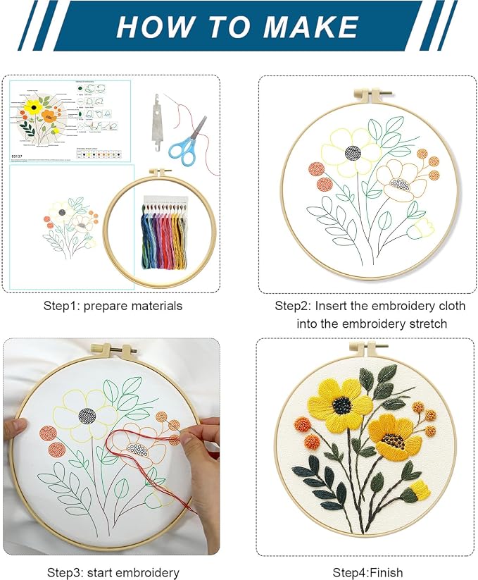 Zhenqing Floral Embroidery Kit for Beginners, 3 Patterns, 7.8in Hoop
