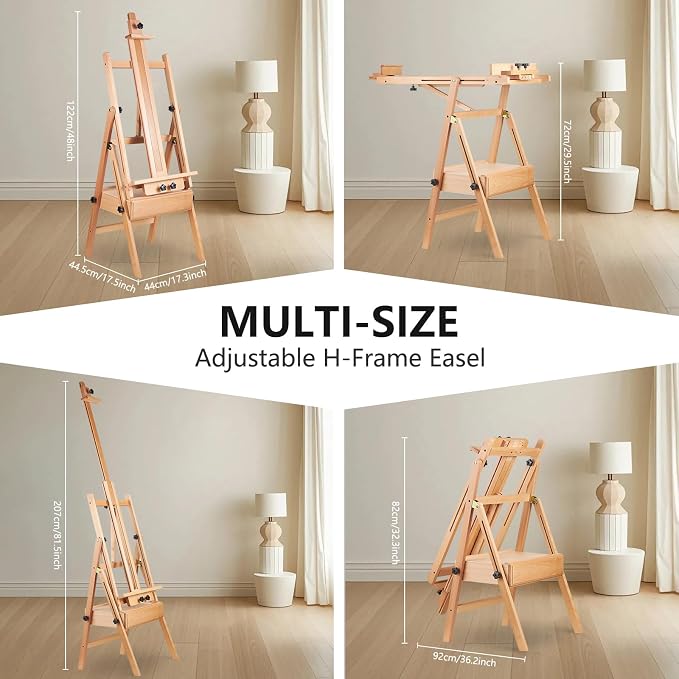YOKUGO Beech Wood H-Frame Painting Easel with Storage Drawer, Natural