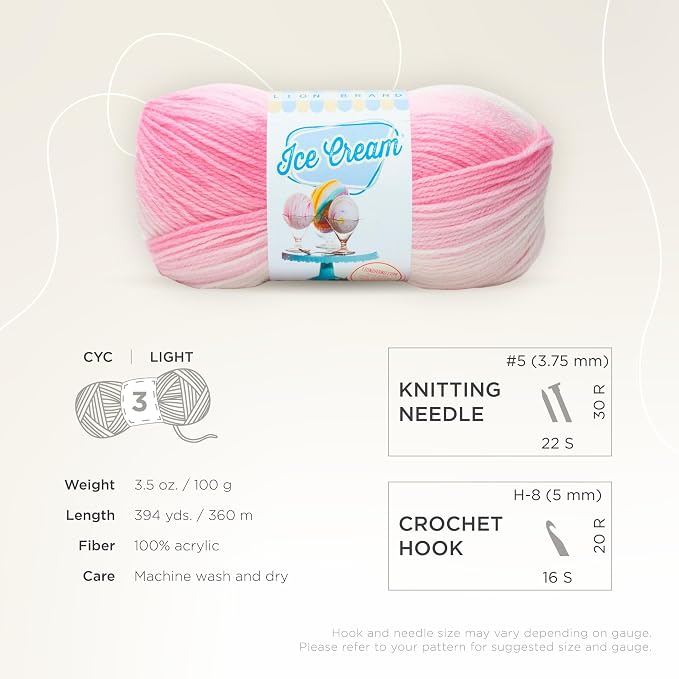 Lion Brand Yarn (1 Skein) Lion Brand Yarn ice Cream Baby Yarn, Strawberry