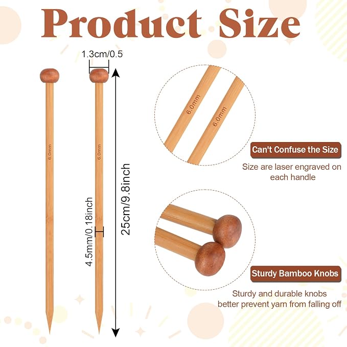 2pcs Bamboo Knitting Needles 10-Inch Long Wooden Knitting Needles 6mm