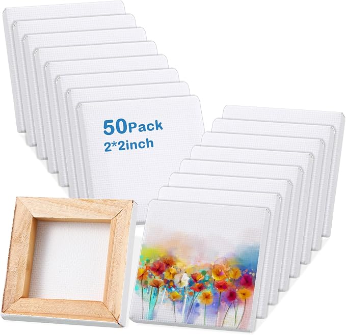 Maitys 50 Pcs 2 x 2 Inch Mini Canvas Panels Bulk Small Stretched Canvas Blank Square Boards for Painting Teenagers Art Oil Acrylics Craft