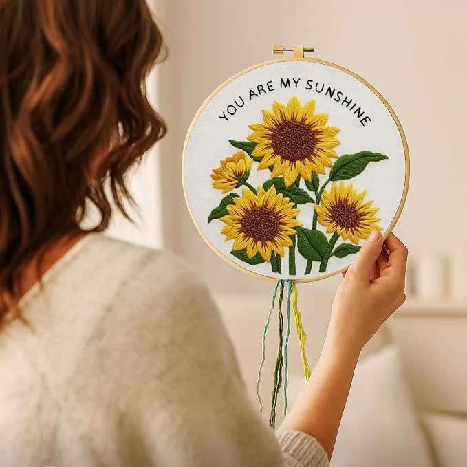 Nuberlic Sunflower Embroidery Kit for Beginners | Adults Starter Cross Stitch Kit DIY Needlepoint with Hoop, Pre-Printed Fabric, Threads & Step-by-Step Guide