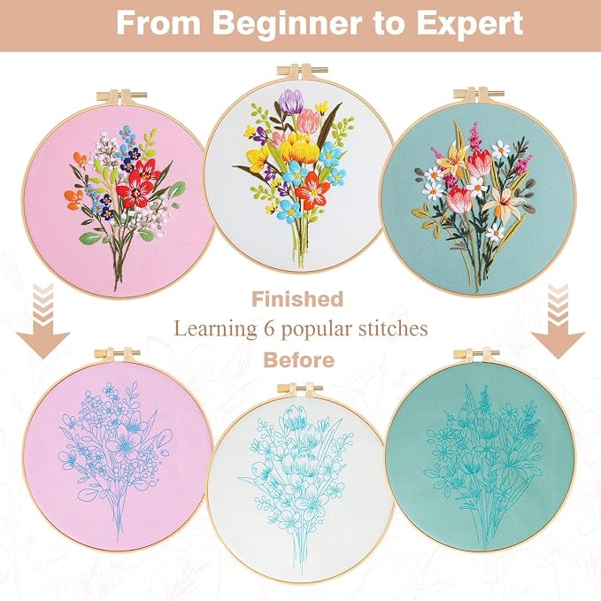 RidaaFri 3 Pack Embroidery Kit for Beginners, Flower DIY Adults Starter Kit | Easy to Learn Floral Embroidery Patterns Hand Practice Set with Video Instructions Hoop Needles Floss, Gift for Craft Lover