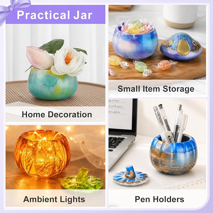 HeyClear 2PCS Jar Resin Molds with Lid, Pumpkin & Mushroom Halloween Silicone Molds for Resin Casting, Pumpkin Jar Molds for Jewelry Storage Box, Halloween Decor, Home Decoration